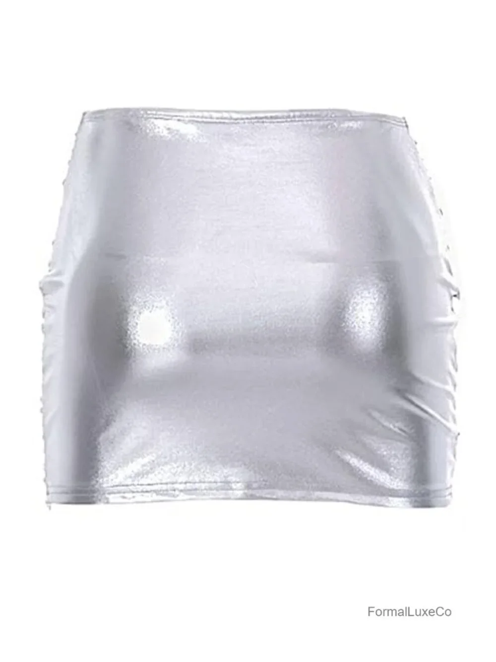 Women's Shiny Silver Metallic Cross Mini Skirt Holographic Ruched Wrap Hem